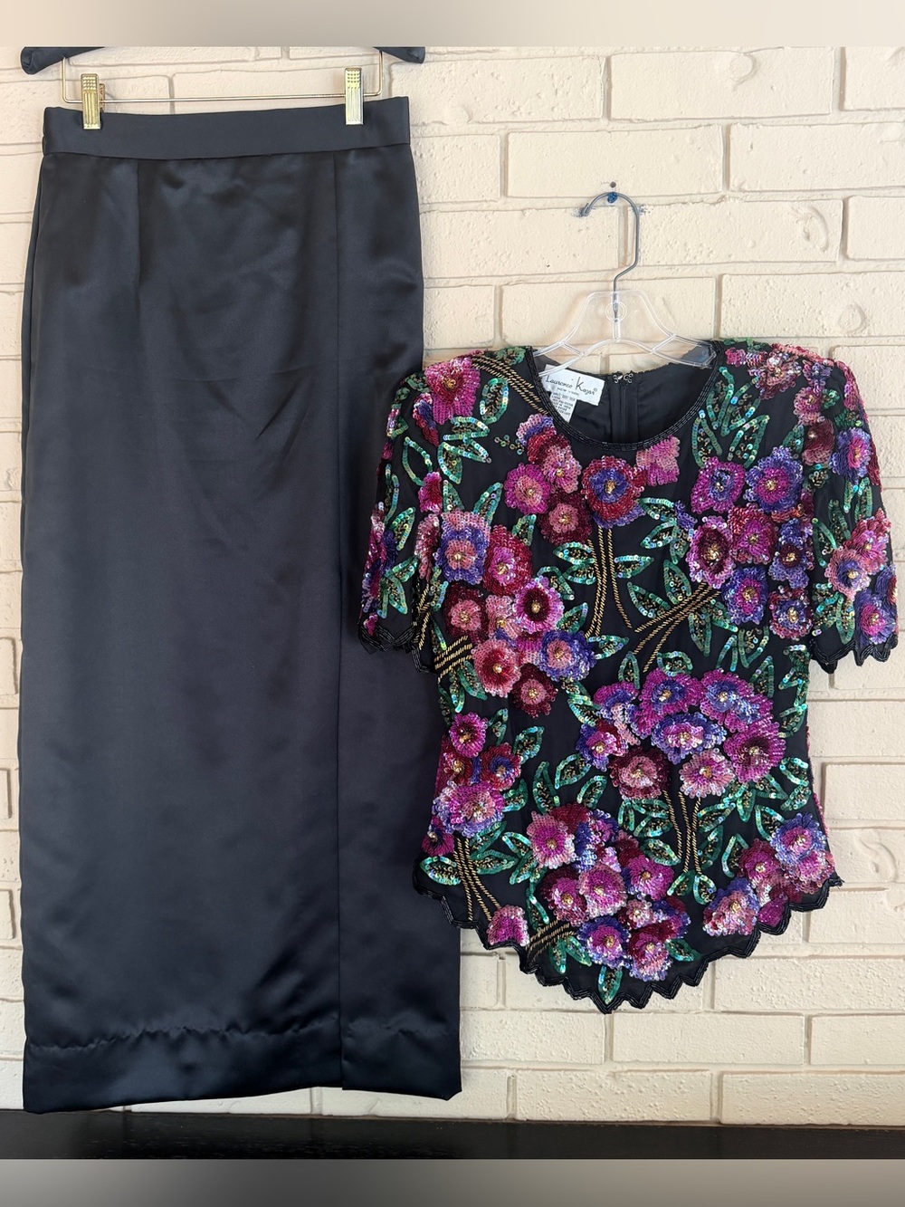 Laurence Kazar Women Floral Beaded Sequin Silk Top M Vintage 90s Set Pants Skirt